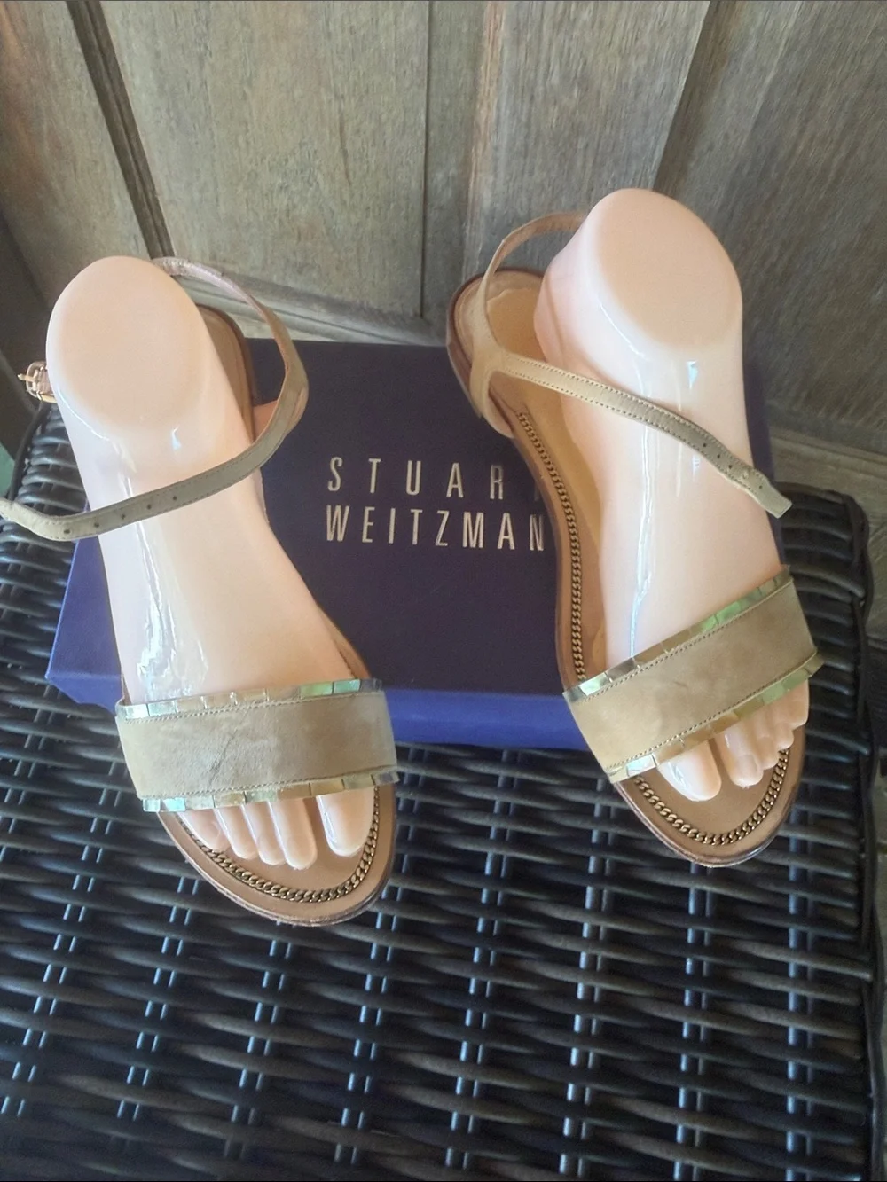 Stuart Weitzman Tan Suede Ankle-Strap Sandals with Gold Trim